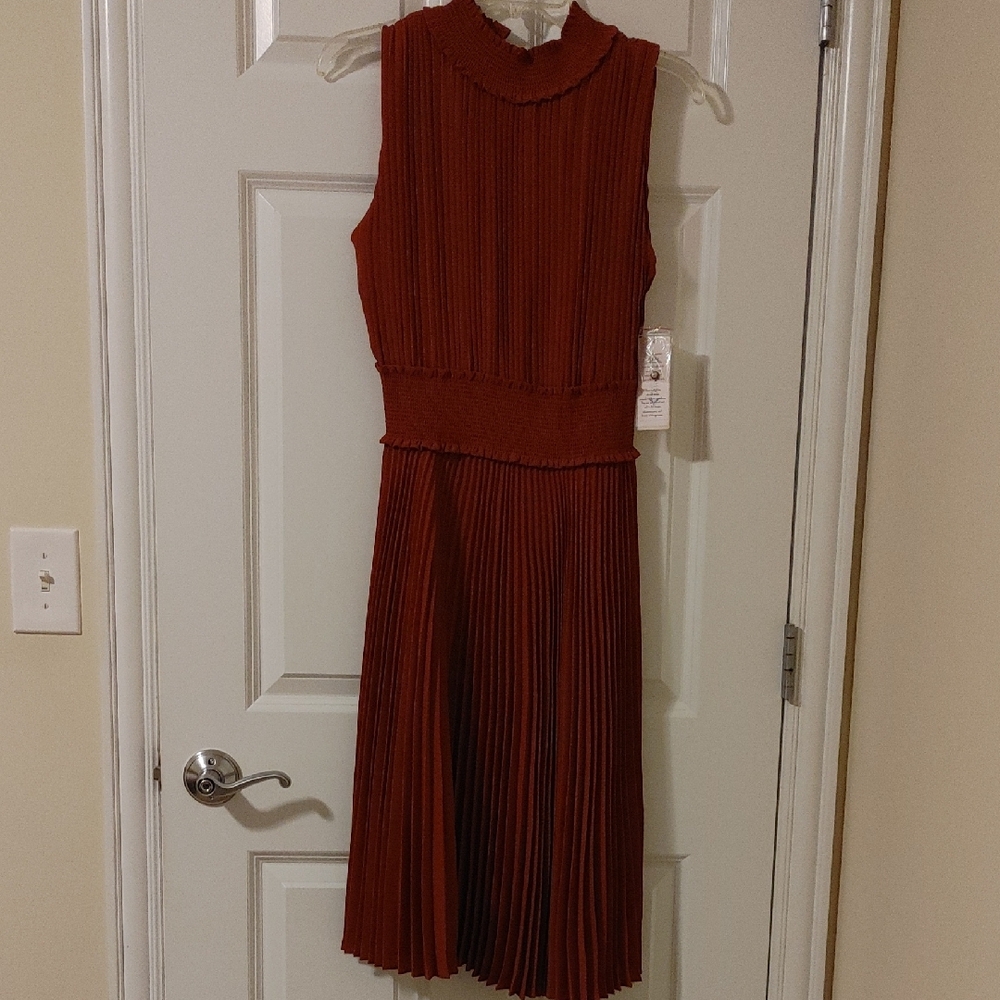 Nanette Lepore Rust Pleated Midi Dress